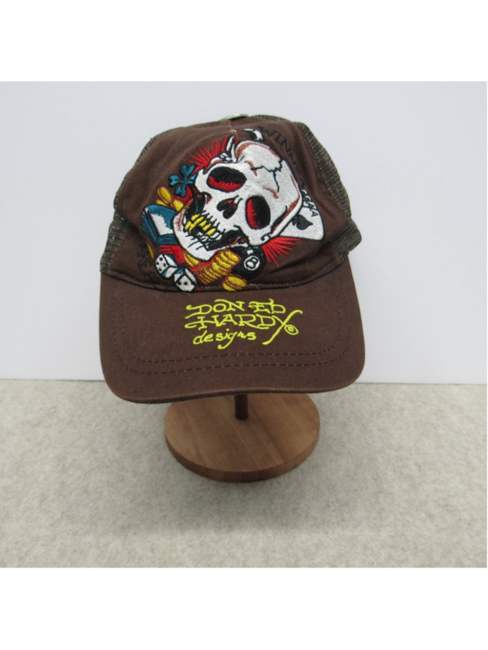 Vintage Ed Hardy Brown Skull Trucker Hat Y2K Tattoo Embroidered Mesh Cap